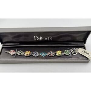 New Dillards Silver Tone Floral Themed Panel Bracelet Toggle NIB